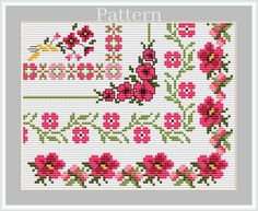 a cross stitch pattern with pink flowers