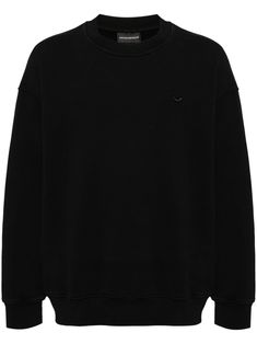 black cotton embroidered logo at the chest embossed logo to the rear crew neck long sleeves ribbed cuffs and hem