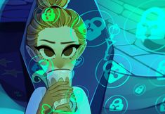 a cartoon girl drinking from a cup with symbols around her and looking at the camera