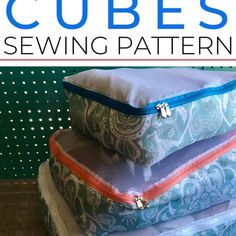 four pieces of fabric stacked on top of each other with the words cubes sewing pattern