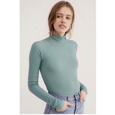 Free People Intimately All You Want Turtleneck Bodysuit In Alpine Shade Size Small Never Worn Casual Blue Bodysuit For Fall, Turtleneck Bodysuit, Free People Tops, Blue Green, Free People, Color Blue, Turtle Neck, Womens Tops, Green