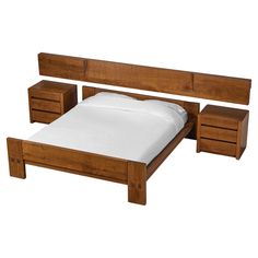 a bed with two nightstands and a white blanket on it's side, against a white background