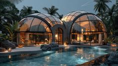 an outdoor swimming pool surrounded by two domed glass houses with lights on the roof and inside