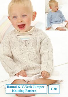 a little boy sitting on top of a bed wearing a knitted sweater and diaper