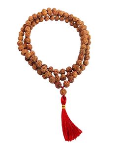 This simple hand-crafted mala featuring a deep red tassel, is made of 108 knotted Rudraksha seed beads and is perfect for your everyday ritual and mediation. Legend has it that the first Rudraksha seeds were created from tears of Lord Shiva as they fell on the earth and formed into a tree. Rudraksha seeds have wonderful spiritual and medicinal properties and, you can feel their power as you count through the beads one by one to recite your chosen mantra or intention. The number 108 holds spiritu Traditional Handmade Mala For Meditation, Bohemian Hand-strung Mala For Rituals, Traditional Hand Knotted Mala For Meditation, Traditional Hand Knotted Necklaces For Meditation, Traditional 108 Beads Mala For Healing, Handmade Red Mala For Healing, Traditional Mala With 108 Beads For Healing, Bohemian Hand Wrapped Mala For Meditation, Bohemian Hand Wrapped Mala With Round Beads