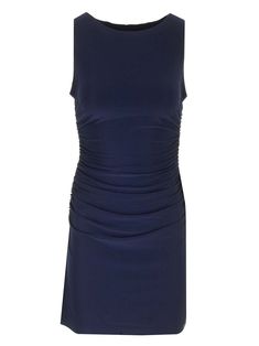 Mini dress with gathered waist in blue stretch polyester from Norma Kamali. Elastane Bodycon Dress With Ruched Bodice, Bodycon Dress With Ruched Bodice In Elastane, Sleeveless Ruched Elastane Dress, Elegant Mini Dress With Ruched Sides And Fitted Bodice, Sleeveless Elastane Midi Dress With Ruched Back, Knee-length Dress With Gathered Waist And Fitted Bodice, Ruched Sleeveless Dress With Fitted Waist, Formal Dress With Ruched Bodice In Elastane, Formal Dress With Ruched Bodice And Elastane