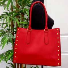 Nwot. Exquisite Red Satchel / Tote With Gold Studs. Has Magnetic Snap For Closure. No Inside Pockets. Measures Approximately 21” L X 14” W. Excellent Condition. Red Satchel, Uniqlo Bags, Christmas Tote Bags, Christmas Tote, Doctor Bag, Red Handbag, Satchel Tote, Elizabeth Arden, Vintage Bags