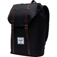 Designed for our daily trips around town, the Herschel Supply Retreat Backpack is a simple, stream-lined backpack with classic rucksack styling and leather straps that give it an old school look. Magnetic closures keep the straps pinned down while also providing easy access to our laptop and daily essentials. Classic Leather Backpack With Adjustable Strap For Outdoor, Classic School Backpack With Adjustable Strap, Classic Black Backpack For Outdoors, Classic Black Outdoor Backpack, Classic Bags For Back To School, Rucksack Style, School Look, Jungle Green, School Looks