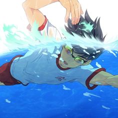 an anime character swimming in the water with his head above the water's surface