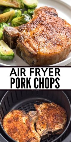 air fryer pork chops are cooking on the grill and then being grilled