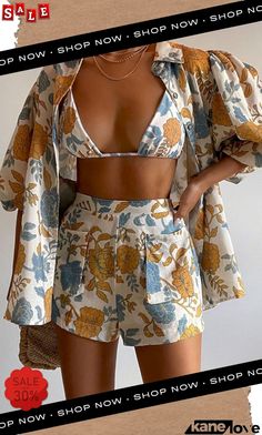 Hawaii Beach Floral Oversized Blouse with Cami Bra and Pocketed Short Set Summer Tops With Pockets, Summer Tops With Pockets For Vacation, Beach Vacation Tops With Pockets, Chic Tropical Print Tops For Beach, White Beach Tops With Pockets, Summer Printed Tops For Vacation, Printed Summer Tops For Vacation, Vacation Tops With Pockets For Beach Season, Tops With Pockets For Beach Vacation