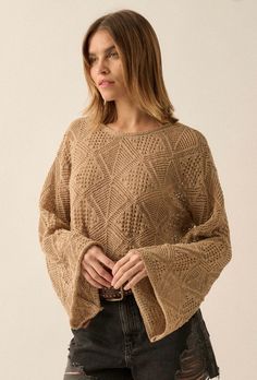 Get into the fall season with the Aria Bell Sleeve Sweater Top. The perfect boho top for layering with a jacket or wearing solo! You do not want to miss the cutest cozy season sweater. Casual Pointelle Knit Crochet Top For Fall, Casual Textured Crochet Top For Fall, Casual Textured Knit Crochet Top For Fall, Oversized Open Knit Crochet Top For Fall, Trendy Knit Top For Fall Layering, Trendy Pointelle Knit Outerwear For Fall, Fall Open Knit Long Sleeve Tops, Oversized Pointelle Knit Sweater For Fall, Casual Knit Poncho For Fall