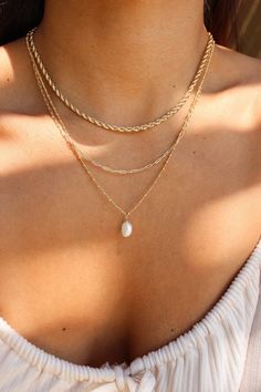 "DETAILS: * Single Chain (of Choice) with Pearl Charm * 18k Gold Filled * Pearl Charm Shapes can vary (sizes are between 6-7mm) * Twist Chain Length: 16\" + 1\" extender * Bead Chain Length: 20\" ►WHY GOLD FILLED? If you have been on the search for everyday gold jewelry that doesn't tarnish but affordable, gold filled is the best choice! Gold filled jewelry is second best after solid gold jewelry. *Our Gold filled jewelry has an outer layer of 14k or 18k gold that is pressure bonded to a base me Cute Teen Jewelry, Jewelry Aesthetic Minimalist, Dainty Stackable Necklaces, Pearl And Gold Jewelry Necklace, Gold Pearl Necklace Set, Pairing Jewelry With Outfits, Casual Accessories Jewelry, Gold Jewelry For Women, Gold Dainty Jewelry Aesthetic