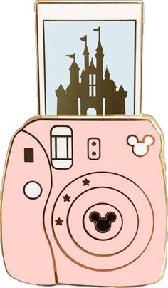 an image of a pink camera with a castle in the back and stars on it