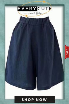 Women's Solid Color Simple Loose Casual Shorts Non-stretch Wide Leg Summer Shorts, Cotton Knee-length Shorts Solid Color, Non-stretch Wide Leg Shorts In Solid Color, Casual Knee-length Shorts With Elastic Waistband, Casual Loose-fit Solid Color Shorts, Solid Knee-length Shorts With Elastic Waistband, Casual Cotton Pull-on Shorts, Womens Bottoms, Dark Blue