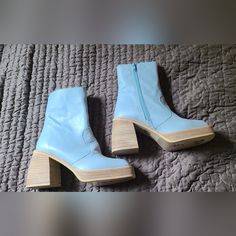 Free People Light Blue Leather Ankle Boots Style = Ruby Size 38 Side Zipper Square Toe Stacked Block Heel Made In Spain Leather New Without Tags Blue Ankle-high Boots For Spring, Blue Ankle-high Boots For Fall, Casual Blue Ankle Heeled Boots, Blue Leather High Ankle Heeled Boots, Blue Ankle Heeled Boots For Spring, Blue Leather Heeled Boots For Winter, Chic Blue High Ankle Heeled Boots, Blue High Ankle Heels For Fall, Blue Pointed Toe Boots With Reinforced Heel