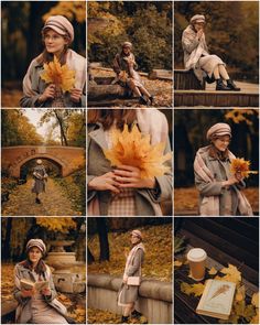 a collage of photos with autumn leaves in the foreground, and a woman sitting on a bench holding an orange leaf