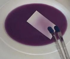 purple liquid on a white plate with two scissors