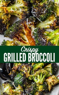 grilled broccoli with crispy parmesan cheese on the side and text overlay