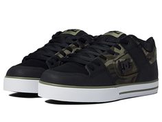 DC Pure - Men's Skate Shoes : Black/Camo Print : Stay true to your style with the classic and ride-ready profile of the DC Pure skate shoes. Skateboard shoes with uppers of durable leather or suede. Lightweight mesh tongue and upper panels. Perforated upper panels and collar. Internal elastic holders for added foot stability. Extremely gummy DGT PLUS rubber front sole wall. Innovative, patent-pending DGT rubber bottom for enhanced board control and durability. Sole design provides excellent grou Dc Shoes Pure, Dc Pure, Mens Skate Shoes, Skateboard Shoes, Black Camo, Dc Shoes, Stay True, Camo Print, Skate Shoes