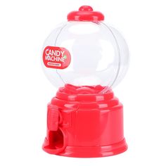 a red candy machine with a gummy ball on it's top and lid