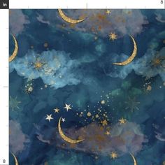 a blue background with gold stars and crescents on the moon in the night sky