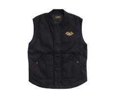 Insulated quilted canvas vest with taffeta lining Zip front with storm flap Patch pockets with logo snaps Dual interior pockets with key clip Embroidered Condor patch on chest Loser Machine snaps and embroidered patch branding 100% cotton and 100% poly lining Quilted Sleeveless Vest For Workwear, Quilted Sleeveless Workwear Vest, Black Cotton Utility Vest, Cotton Vest With Snap Buttons For Work, Cotton Sleeveless Vest With Snap Buttons, Sleeveless Cotton Vest With Snap Buttons, Sleeveless Cotton Outerwear With Snap Buttons, Sleeveless Cotton Outerwear With Button Closure, Classic Outdoor Vest