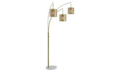 a floor lamp with three lamps on it and one light is turned off to the side