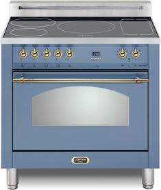 a blue stove top oven with two burners and one door on the front side