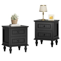 two black nightstands with drawers and a lamp on each side, one is empty