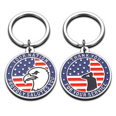 two key chains with an eagle and the words thank you proudly salute your service on them