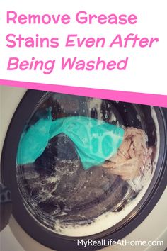 a washing machine with the words remove grease stains even after being washed