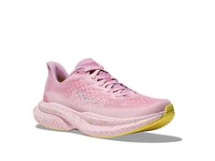 Hoka Women's Mach 6 - Women's Shoes : Pink Twilight/Lemonade : For information on how HOKA ONE ONE contributes to the community, please visit the page. , , Lightweight and super responsive, the Hoka Mach 6 shoes are crafted with an EVA midsole that cushions each of your steps. The breathable design of these shoes keeps your feet cool and comfortable. These sports shoes feature a lace-up design that offers a secure fit. Textile upper. Removable, elastic EVA footbed and textile lining. Best for everyday run, race. Stability: Neutral, features a symmetrical bed of cushion without additional prescriptive technologies. Cushion: Responsive, low-profile cushion bed that keeps your foot closer to the ground, and utilizes a firmer material designed to provide an efficient push-off. Low-top silhouet Pink Low-top Trail Running Shoes With Arch Support, Pink Running Shoes With Ortholite Insole For Light Sports, Pink Functional Running Shoes With Ortholite Insole, Functional Pink Running Shoes With Ortholite Insole, Pink Training Sneakers With Arch Support, Functional Pink Trail Running Shoes With Arch Support, Comfortable Pink Running Shoes With Arch Support, Pink Walking Shoes With Arch Support For Light Sports, Hoka Mach 6