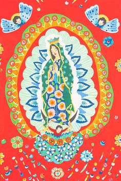 an image of the virgin mary surrounded by flowers and butterflies on a red background with blue wings