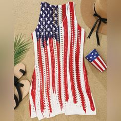 an american flag crocheted tank top next to sandals, hat and palm tree