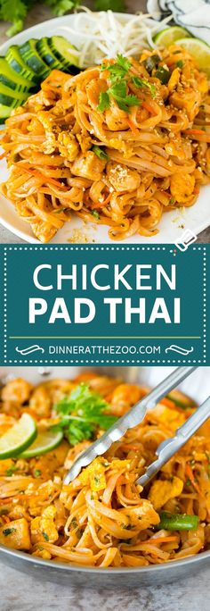 chicken pad thai noodles on a plate with chopsticks