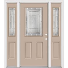 a beige double door with glass panels on the front and side doors to both sides