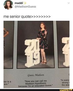 a woman standing next to the number twenty four in front of two identical photos with caption