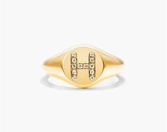 14K Yellow Gold Diamond H Initial Signet Ring. This timeless ring will dazzle all who see it. Perfect for any age and occasion, this ring makes the perfect individualized gift! H Initial, Timeless Ring, Jewelry Rings Diamond, Ring Fit, The Alphabet, Signet Ring, See It, Diamond Rings, Fashion Rings