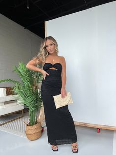 Details Fully Lined Lace Strapless Maxi Dress with Twist Bust Detailing Color: Black Material: 90% Nylon/10% Spandex Size Runs True to Size Model Is Wearing a Size Small Model Measurements Size: 4 Height: 5'2" Weight: 135lbs Bust: 35" Waist: 28" Hips: 37" Bra Size: 34C Lace Strapless, Maxi Dress Black, Boho Pants, Strapless Maxi, Strapless Maxi Dress, Lace Maxi, Lace Maxi Dress, Black Maxi Dress, Cropped Tank Top