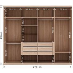 the measurements for an open closet with drawers and shelves on each side, including two doors