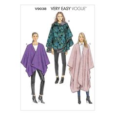 "MISSES' CAPE: Very loose-fitting cape. A: lined, button closing. B: draped front and purchased trim. C: narrow hem. B and C: unlined, wrong side shows. FABRICS: Mohair, Fleece, Light-weight Melton, Boiled Wool. Unsuitable for obvious diagonals. With Nap Without Nap NOTIONS: A: One 13/8\" Button, 3\" x 1\" Remnant of Interfacing. B: 5/8\" Flexible Fold over Braid: 91/2 yds. for Sizes XS-M and 10 yds. for Sizes L-XXL. Size 4-14 or 16-26 Uncut/Factory Folded Will combine shipping. When purchasing Cape Pattern Sewing, Wardrobe Architect, Patron Vintage, Cape Pattern, Sewing Templates, Project List, Vogue Sewing, Vogue Sewing Patterns, Vogue Pattern