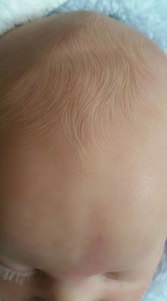 a close up of a baby's head on a blanket