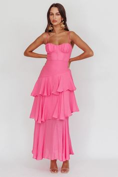 Shop the Madrid Summer Tiered Ruffle Maxi Dress Pink | Selfie Leslie Madrid Summer, Pink Selfie, Selfie Leslie, Tie Up Heels, Ruffle Maxi Dress, Summer Maxi, Iron Material, Pink Maxi Dress, Ruffled Maxi Dress