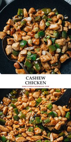 chicken and green beans in a skillet with the words cashew chicken on it