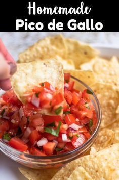 homemade pico de galloi with tortilla chips and salsa in a glass bowl