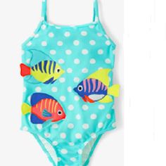 New With Tags Gymboree Splish-Splash Light Blue Polka Dot Fish Swimsuit Size 5t Part Of The Splish-Splash Collection Features: Upf 50+ Sun Protection Allover Dot Print Embroidered Fish With 3d Tails Easy Pull-On Style With Not Closure Fully Lined In Polyester Mesh 80% Nylon Raschel/20% Spandex Bethany Lowe Designs, Baby Swimsuit, Kids Fishing, Gymboree Girl, 1 Piece Swimsuit, Cute Bathing Suits, Blue Fish, Splish Splash, One Piece Swim