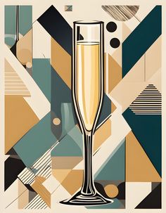 a glass of champagne sitting on top of a table next to an abstract wallpaper