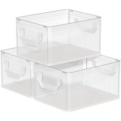 three clear storage bins with handles