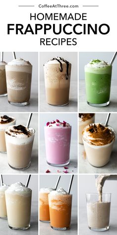 different types of drinks with text overlay that reads homemade frappuccino recipes